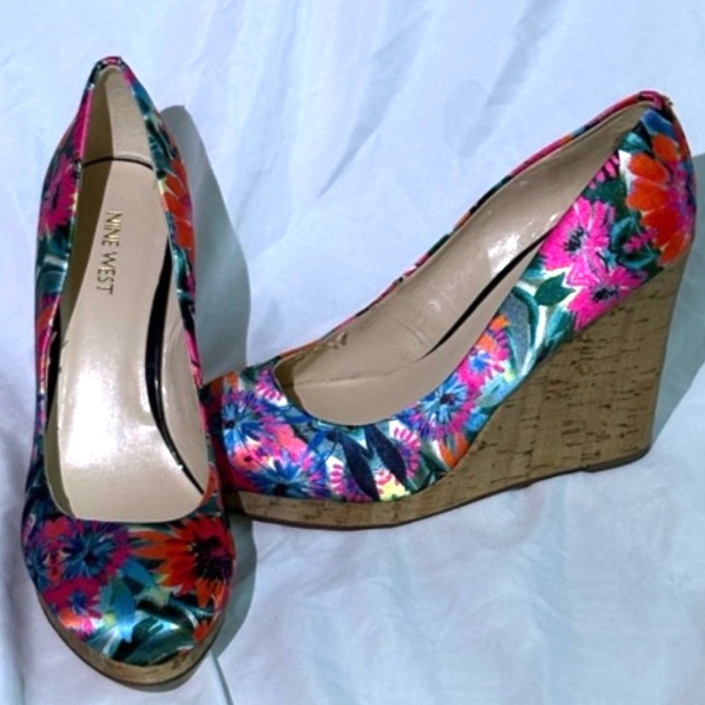 Nine West Bright Floral Cork Wedge Pumps
